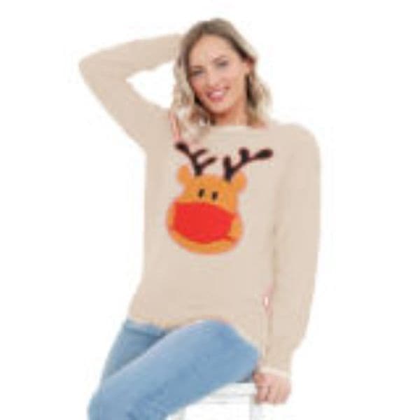 Ladies Christmas Rudolph Face Mask Jumper