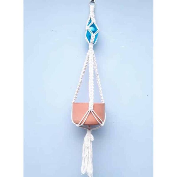 Lg round hanging pot w/ long turq ball