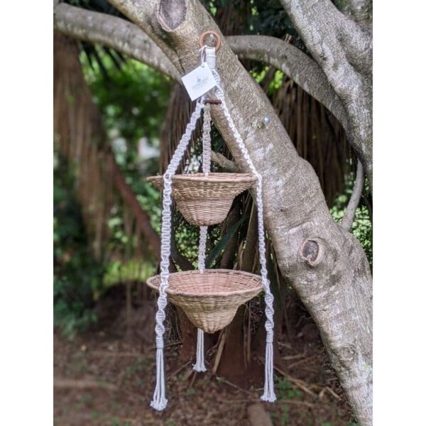 Double hat shaped basket w/ brown beaded ring