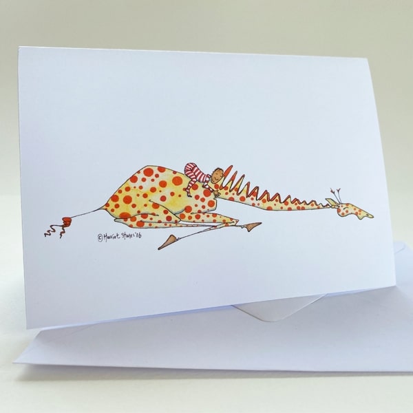 Greeting Card/ Pajama boy toddler on spotted sleeping giraffe