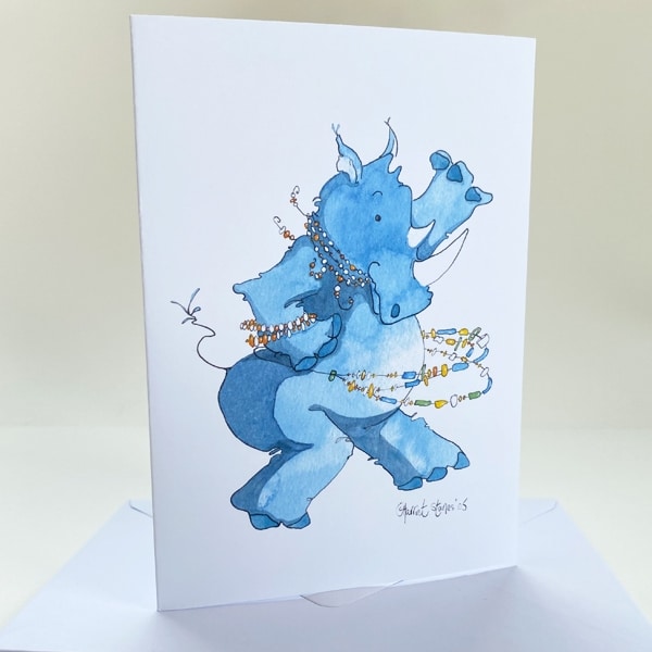 Greeting Card/ Blue rhino dancing with beads