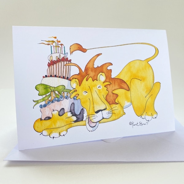 Greeting Card/ Hugging lion with cakes