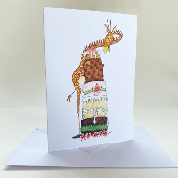 Greeting Card/ Giraffe with pink flowers & tall birthday cakes
