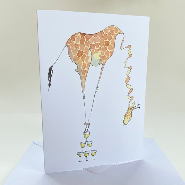 Greeting Card/ Giraffe standing on champagne