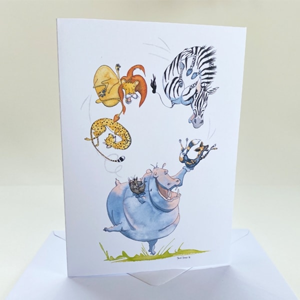 Greeting Card/ Hippo juggling animals