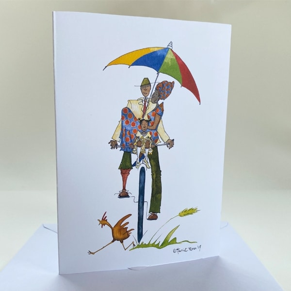 Greeting Card/ Umbrella Sunday best couple on bicycle
