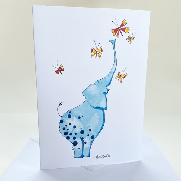 Greeting Card/ Blue elephant with butterflies