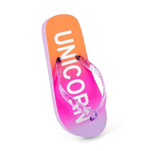 Girls unicorn print flip flops purple orange