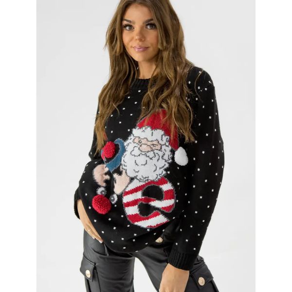 Pom Pom Santa Christmas Jumper  Black	J1421