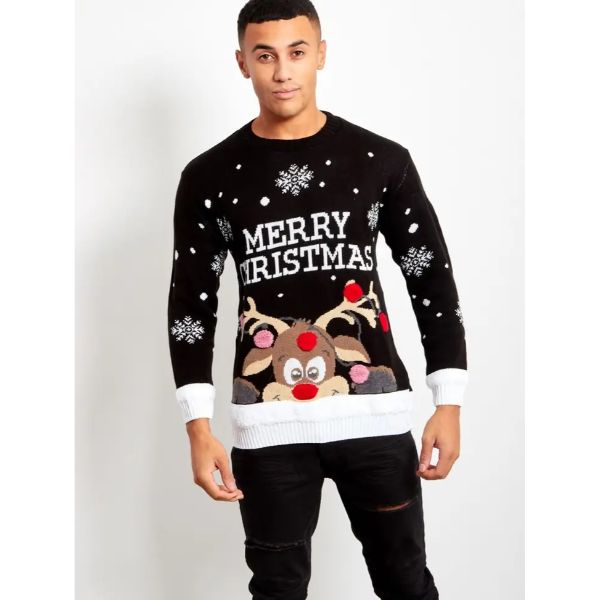 Black Mens Pom Reindeer Merry Christmas Jumper J1067MENS