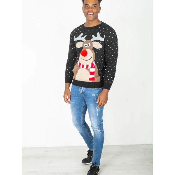 Black Mens Pom Rudolph Christmas Jumper 	J1083MENS