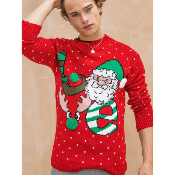Red Pom Pom Santa Printed Christmas Jumper J1421MENS