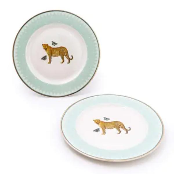 Set of 2 Leopard Pale Green Side Plates In Full Colour Gift