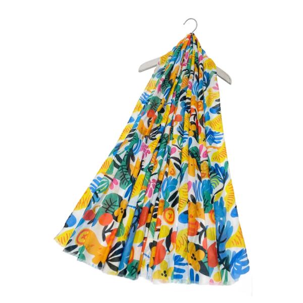 Bright Illustrated Summer Floral Frayed Scarf
