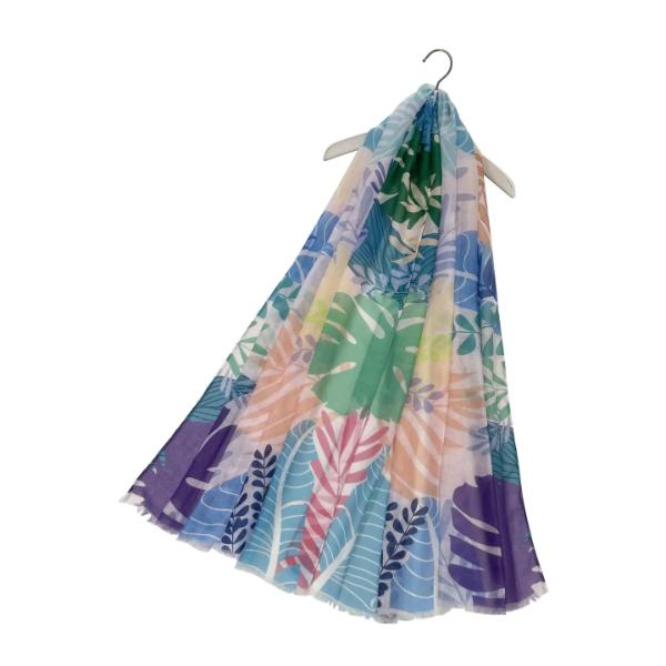 Colourful Layered Leaf Print Frayed Scarf