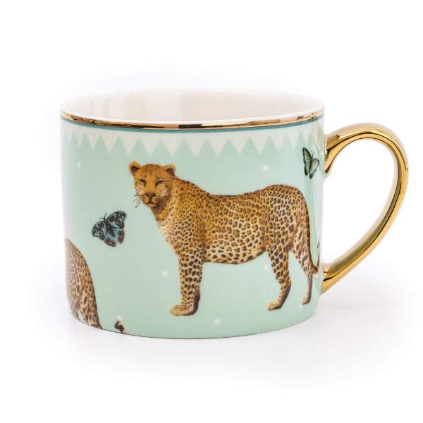 Straight Sided Bone China Mug with Gold Handle Leopard