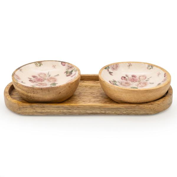 Set of 2 Small Mango Wood Dipping Bowls - Provence Blossom