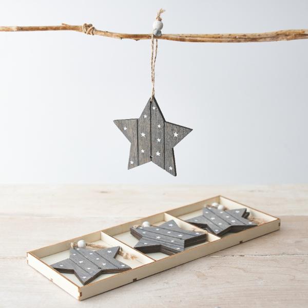 Box of 6 Grey Wooden Star Decorations