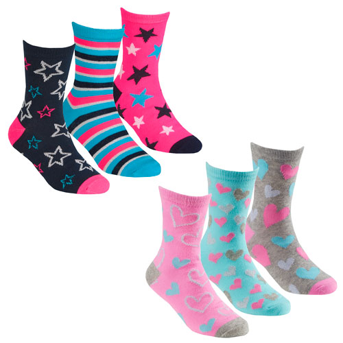 Girls 3 Pack Socks Stars And Hearts