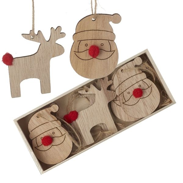 WOODEN SANTA & DEER SET WITH POM POMS CODD520
