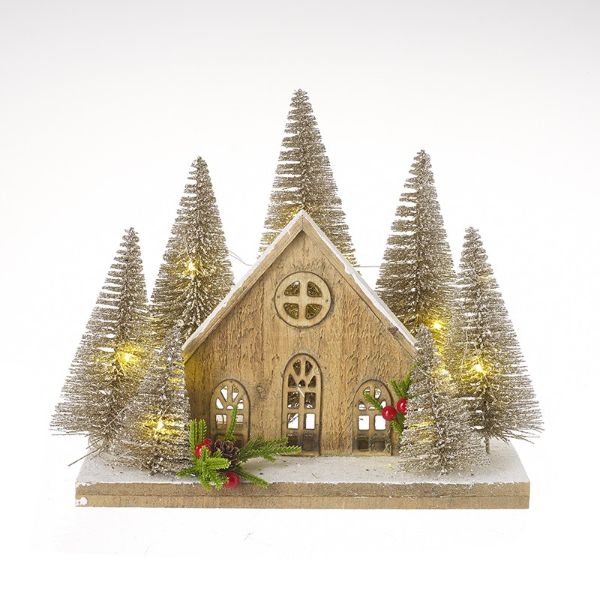 WOODEN HOUSE WITH LIGHT UP TREES 20LED MJA313
