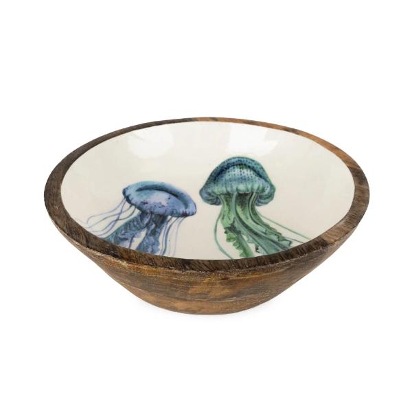 25CM MANGO WOOD BOWL WITH ENAMEL INLAY JELLYFISH