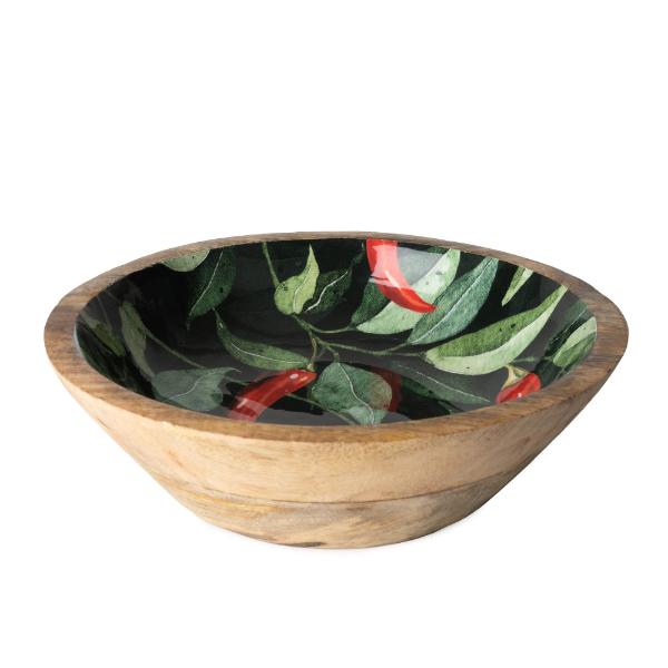 25CM MANGO WOOD BOWL WITH CHILLIES ENAMEL
