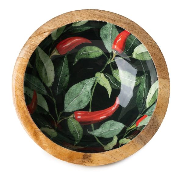 20CM MANGO WOOD BOWL WITH CHILLIES ENAMEL