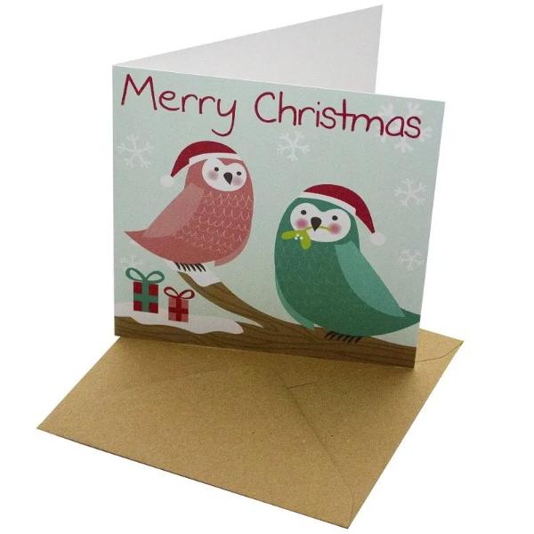 Christmas Owls in Tree 148mm Square Card (blank inside) by Rosie Parkinson