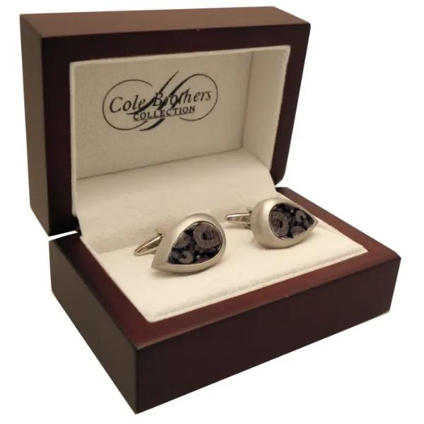 Teardrop Rhodium Finish Ancient Fossil Cufflinks