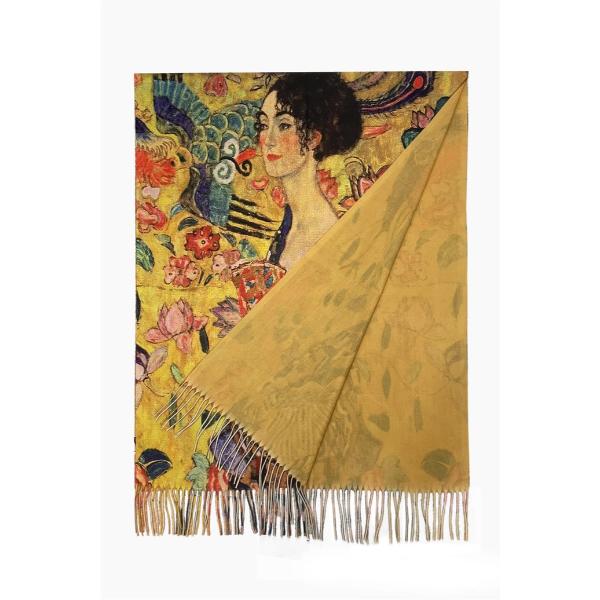Klimt 'Lady with Fan' Print Wool Tassel Scarf - Image 3