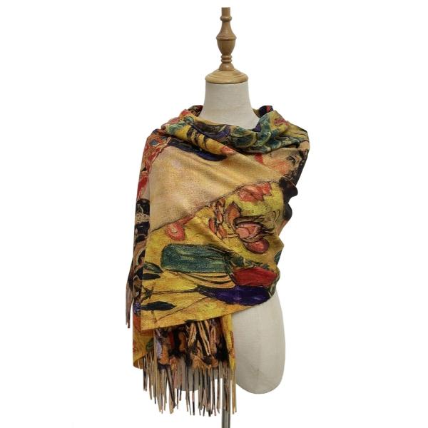 Klimt 'Lady with Fan' Print Wool Tassel Scarf - Image 4