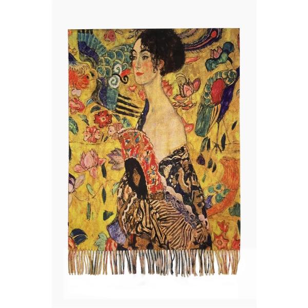 Klimt 'Lady with Fan' Print Wool Tassel Scarf