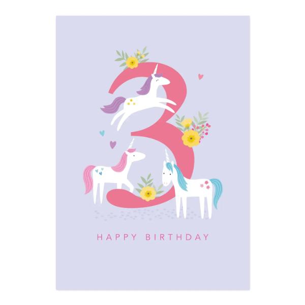 Unicorn Birthday Card Age 3 KAA003