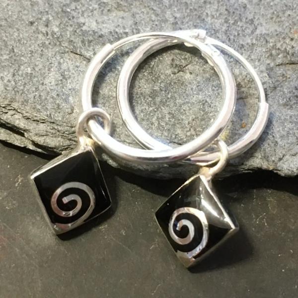 1.2 X 14mm Hoop Earrings With Black Swirl Square Charm