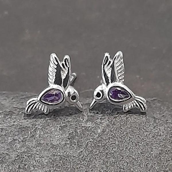 9 X 6mm Purple Cubic Zirconia Humming Bird Stud Earrings