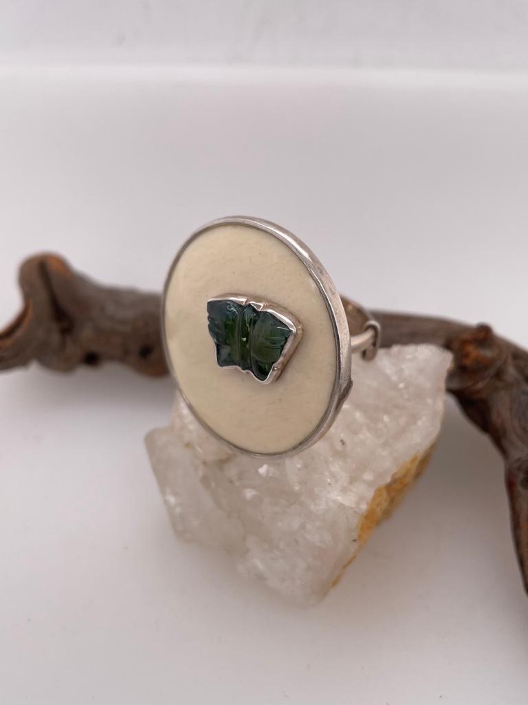 S.S Bone adjustable ring featuring hand-carved Butterfly Tourmaline