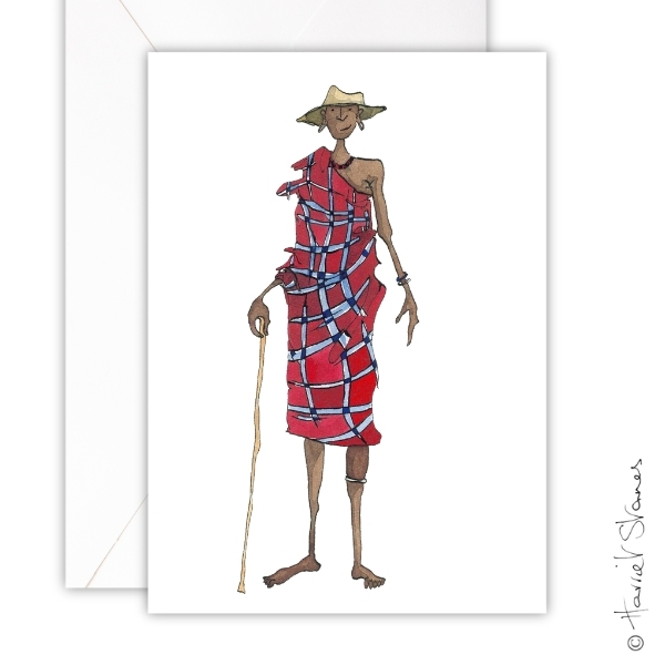 Greeting Card/ Old Mzee Maasai w/hat &stick