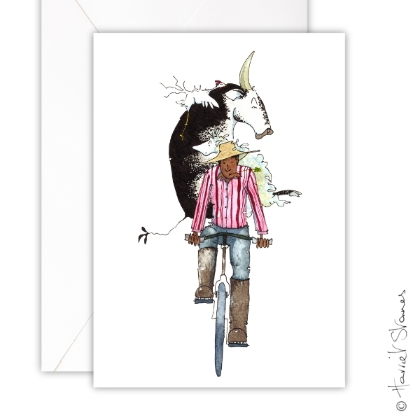 Greeting Card - Bike, Black Cow and Sheep