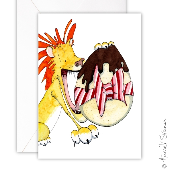 Greeting Card/ Lion with open mouth and easter egg with chococlate topping/HS097