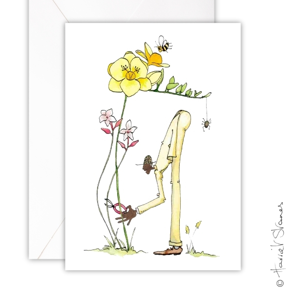Greeting Card/ Gardener Brown Man With Yellow Flower/ HS104