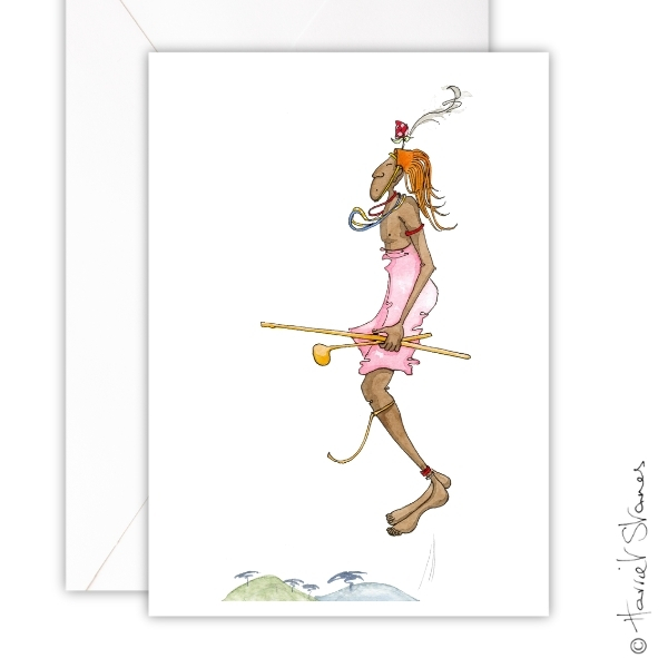 Greeting Card/ Single jumping samburu warrior w landscape