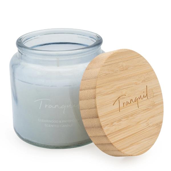 Large Blue Candle with Bamboo Lid and Woodsage & Seasalt Scent - Tranquil