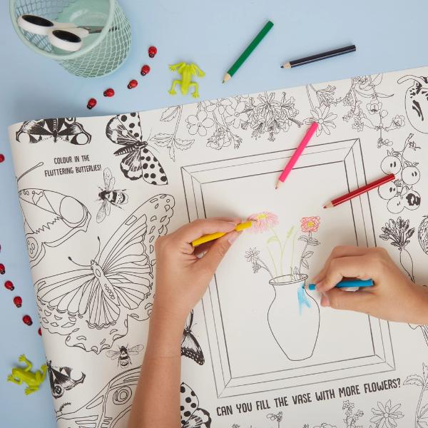 RHS Colouring Roll & Pencils White, 3 Meters Bugs and Blooms