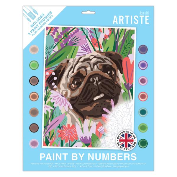 Artiste Large Paint By Numbers, Floral Pug, Craft, 395x295mm