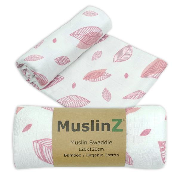 Muslin Baby Swaddle120 cm Bamboo/Organic Cotton - Pink Leaf