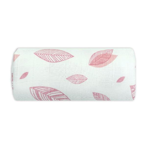 Muslin Baby Swaddle120 cm Bamboo/Organic Cotton - Pink Leaf - Image 3