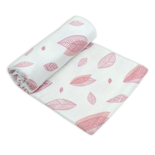 Muslin Baby Swaddle120 cm Bamboo/Organic Cotton - Pink Leaf - Image 2