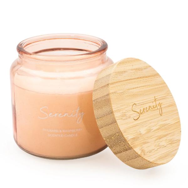 Large Candle with Bamboo Lid Rhubarb & Raspberry Scent - Serenity
