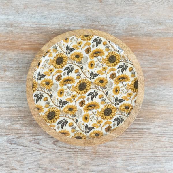 Sunflower Design Enamelled Wood Plate, 25cm